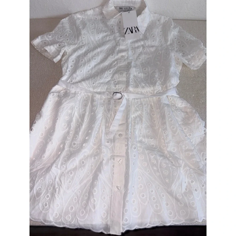 Zara Eyelet Shirt Dress medium White New Belted Scalloped Mini Embroidery - Picture 15 of 16